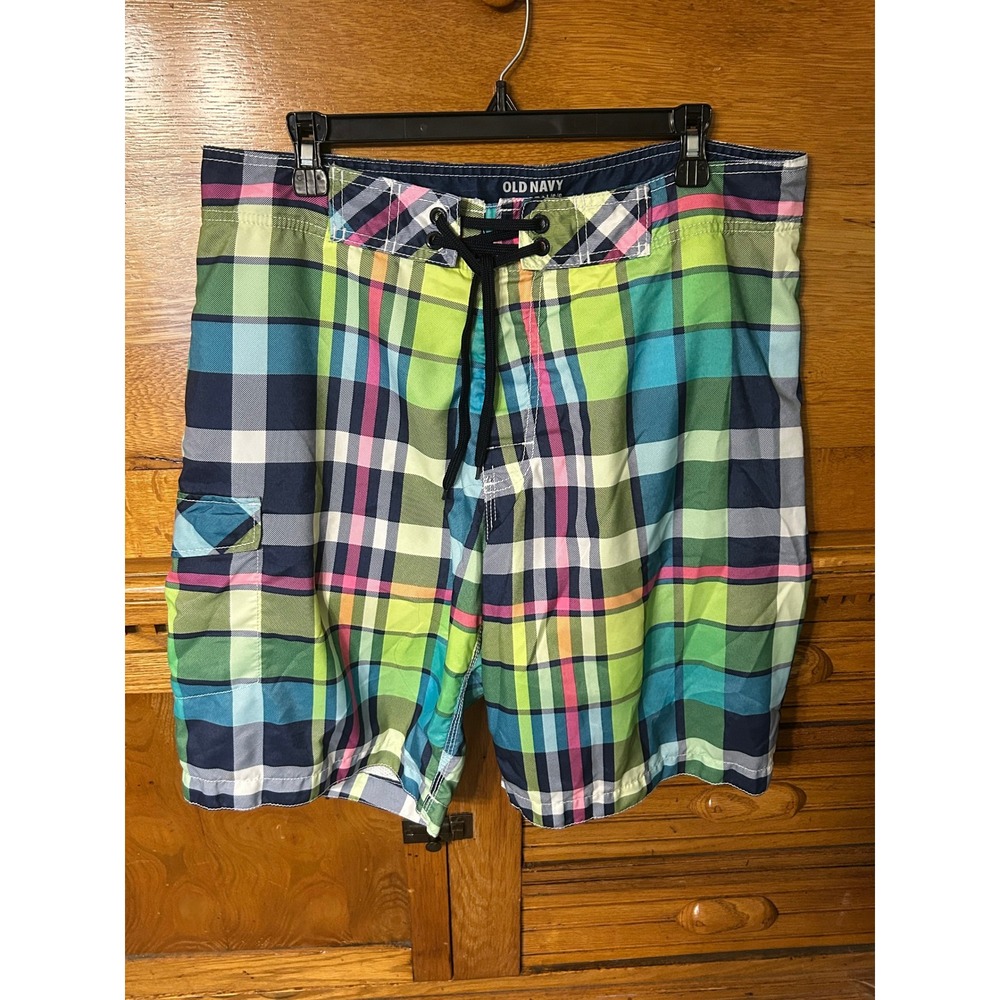 Old Navy Y2K Preppy Plaid Board Shorts Swim Trunks Multicolor Cargo Pocket Beach